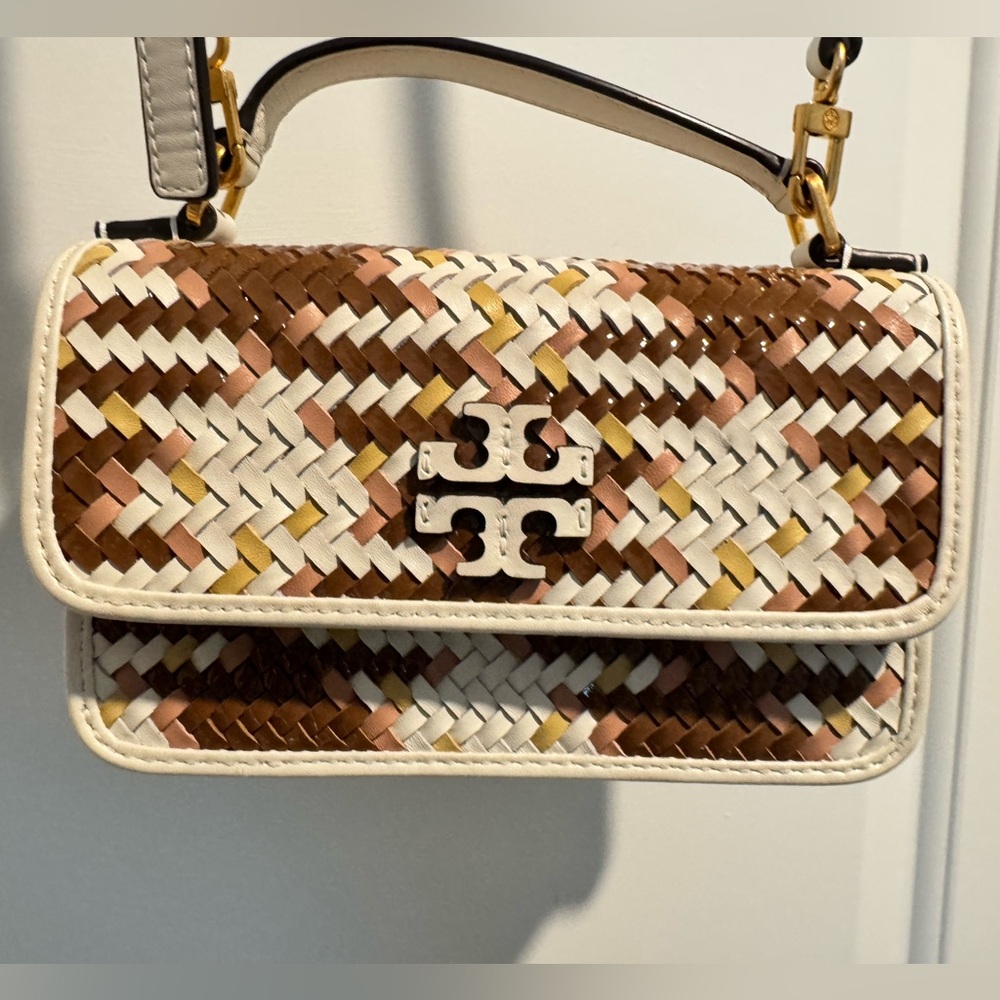 Tory Burch Brown and White Britten Woven Mini Crossbody Bag